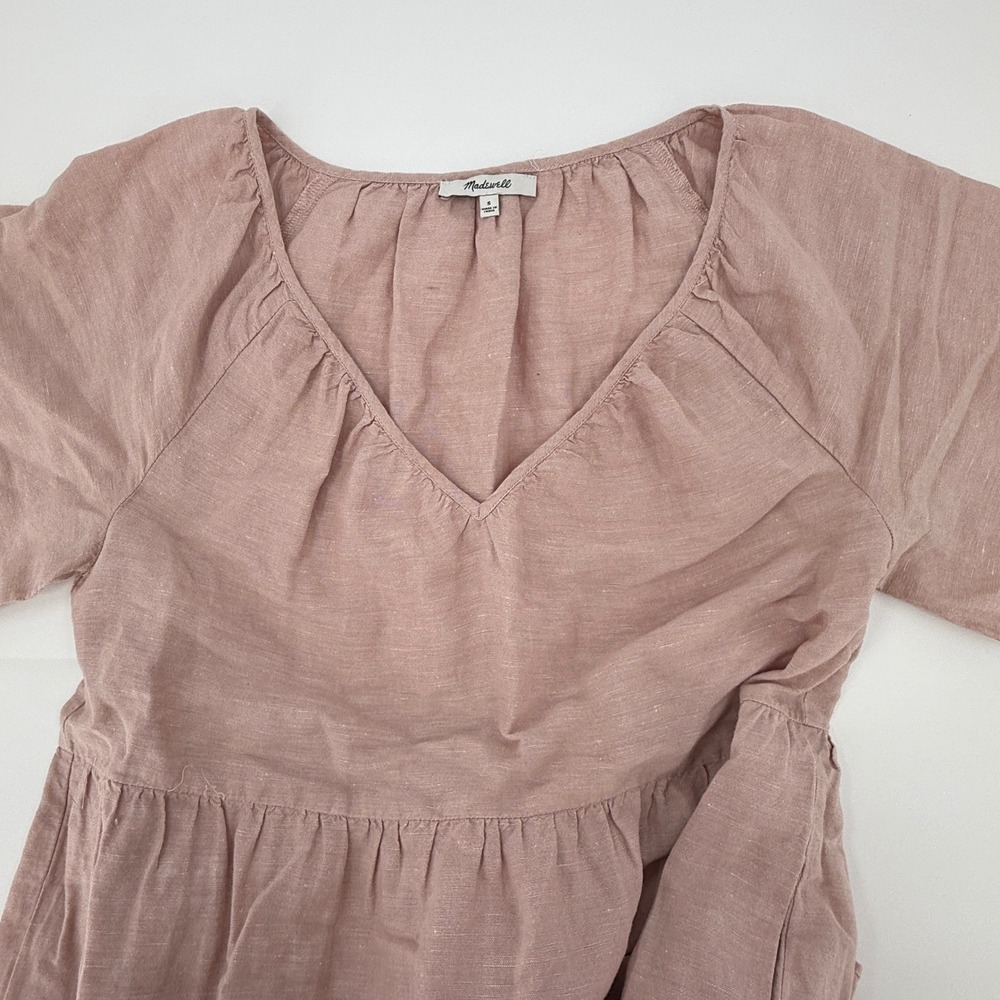 Madewell Womens Linen Blend Tiered V-Neck Mini‎ Dress Dusty Rose Pink Small - Picture 3 of 5